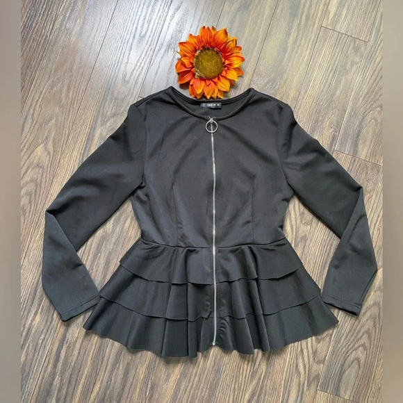 🌻5/$25🌻SHEIN Black Zip Up Ruffled Blouse | LARGE | - Picture 4 of 8
